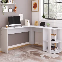 Bureau d'angle 140 cm - Bureau en L avec 2 étagères intégrées, design fonctionnel pour gain de place, MDF - Blanc