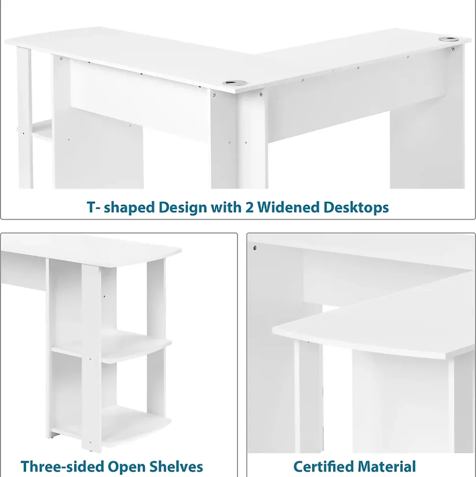 Bureau d'angle 140 cm - Bureau en L avec 2 étagères intégrées, design fonctionnel pour gain de place, MDF - Blanc