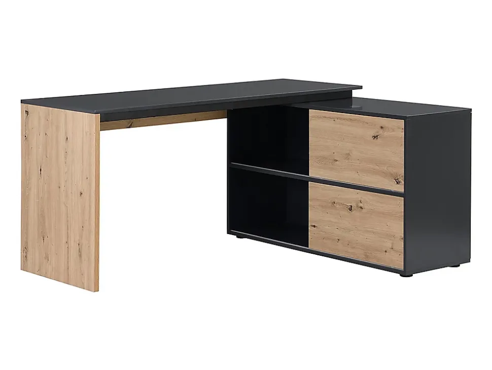 Bureau d'angle avec 2 porte coulissantes - MDF - Coloris : Naturel et noir - COLIOBA