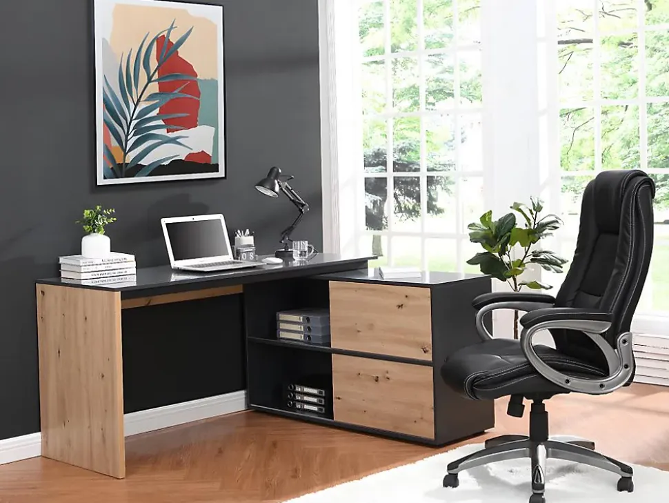 Bureau d'angle avec 2 porte coulissantes - MDF - Coloris : Naturel et noir - COLIOBA