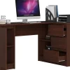 Bureau d'angle avec 3 tiroirs, 1 armoire, côté droit, couleur wengé, 77 x 155 x 48,5 cm