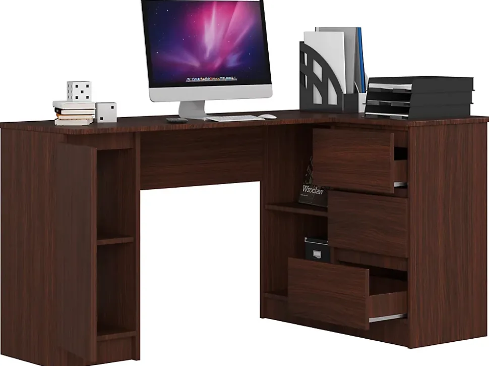 Bureau d'angle avec 3 tiroirs, 1 armoire, côté droit, couleur wengé, 77 x 155 x 48,5 cm