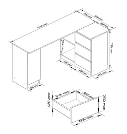 Bureau d'angle avec 3 tiroirs, 1 armoire, côté droit, couleur wengé, 77 x 155 x 48,5 cm