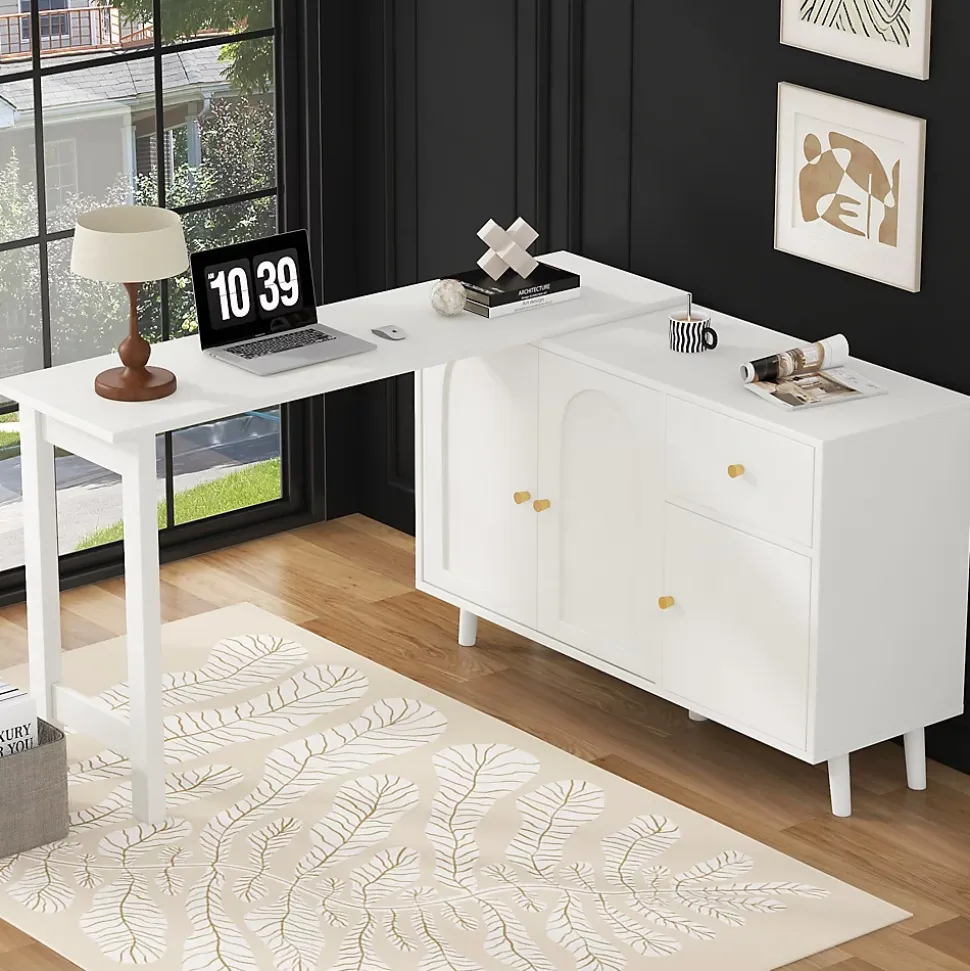 Bureau d'angle avec plateau rotatif, 3 portes et 1 tiroir, Sideboard intégré, Panneau de particules, 120x40x74,5 cm, Blanc
