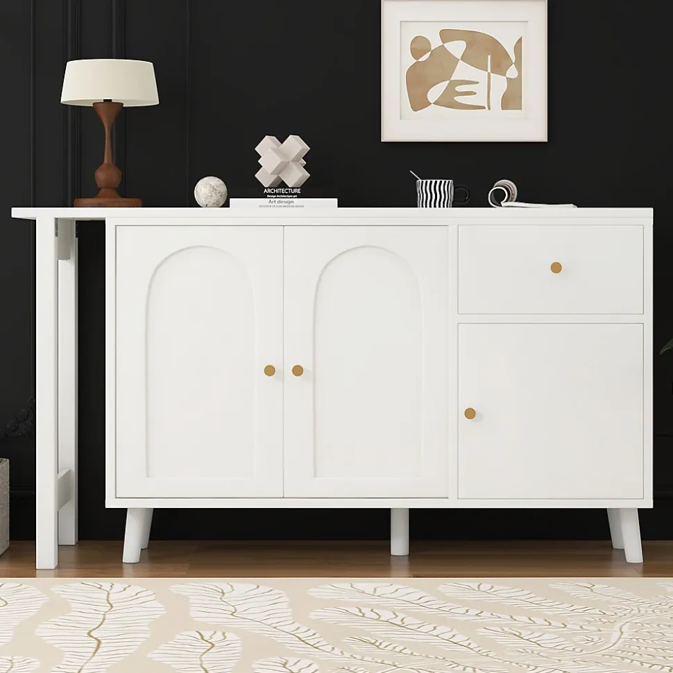 Bureau d'angle avec plateau rotatif, 3 portes et 1 tiroir, Sideboard intégré, Panneau de particules, 120x40x74,5 cm, Blanc