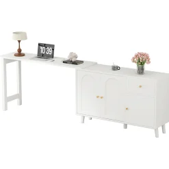 Bureau d'angle avec plateau rotatif, 3 portes et 1 tiroir, Sideboard intégré, Panneau de particules, 120x40x74,5 cm, Blanc