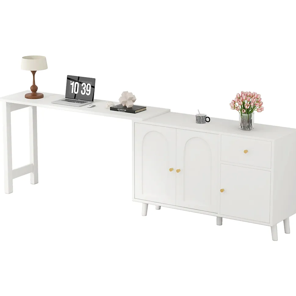 Bureau d'angle avec plateau rotatif, 3 portes et 1 tiroir, Sideboard intégré, Panneau de particules, 120x40x74,5 cm, Blanc