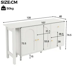 Bureau d'angle avec plateau rotatif, 3 portes et 1 tiroir, Sideboard intégré, Panneau de particules, 120x40x74,5 cm, Blanc