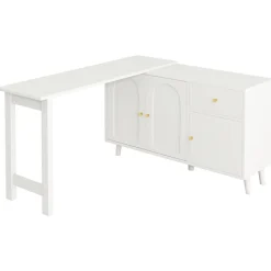 Bureau d'angle avec plateau rotatif, 3 portes et 1 tiroir, Sideboard intégré, Panneau de particules, 120x40x74,5 cm, Blanc