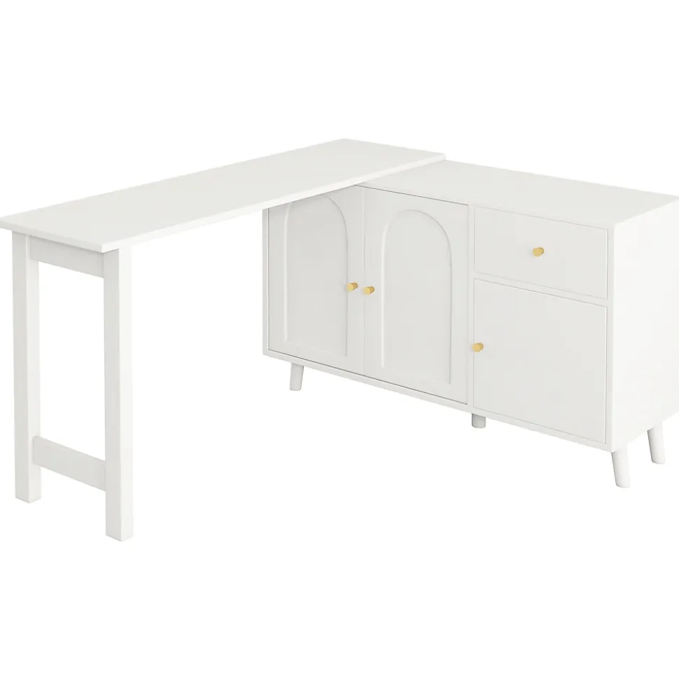 Bureau d'angle avec plateau rotatif, 3 portes et 1 tiroir, Sideboard intégré, Panneau de particules, 120x40x74,5 cm, Blanc