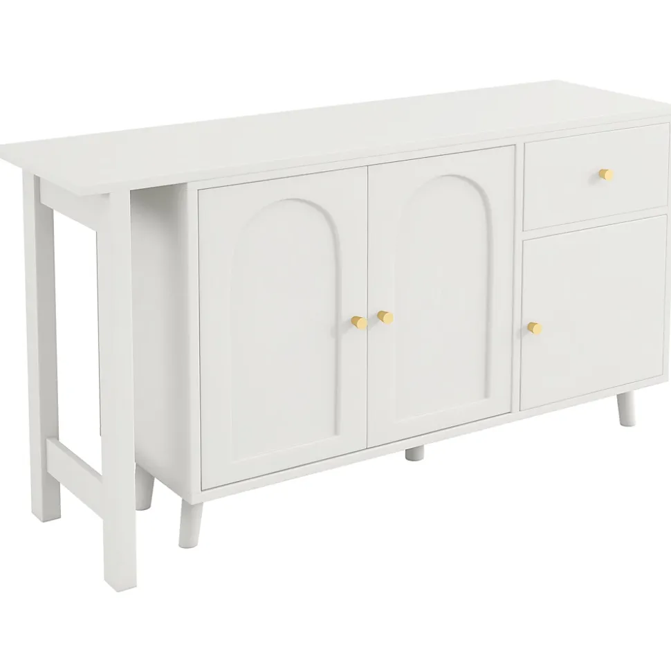 Bureau d'angle avec plateau rotatif, 3 portes et 1 tiroir, Sideboard intégré, Panneau de particules, 120x40x74,5 cm, Blanc