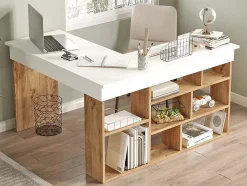 Bureau d'angle avec rangements - Coloris : Blanc et naturel - LILEUL