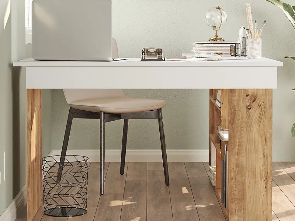 Bureau d'angle avec rangements - Coloris : Blanc et naturel - LILEUL