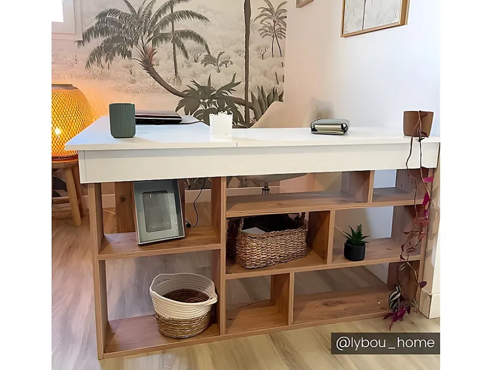 Bureau d'angle avec rangements - Coloris : Blanc et naturel - LILEUL