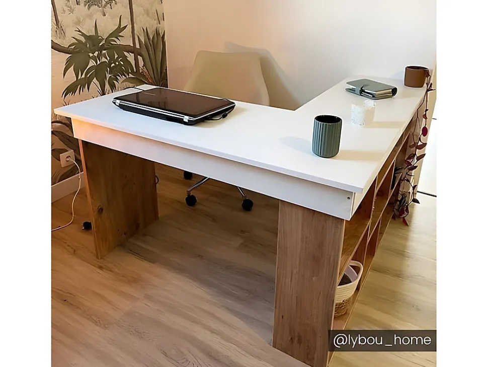 Bureau d'angle avec rangements - Coloris : Blanc et naturel - LILEUL