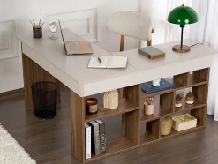 Bureau d'angle avec rangements - Coloris : Beige et naturel foncé - LILEUL