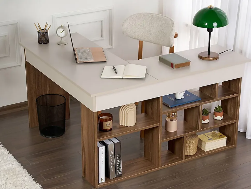 Bureau d'angle avec rangements - Coloris : Beige et naturel foncé - LILEUL