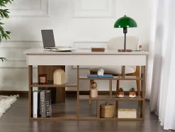 Bureau d'angle avec rangements - Coloris : Beige et naturel foncé - LILEUL