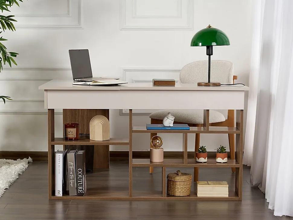 Bureau d'angle avec rangements - Coloris : Beige et naturel foncé - LILEUL