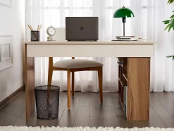 Bureau d'angle avec rangements - Coloris : Beige et naturel foncé - LILEUL