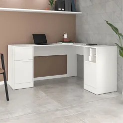 Bureau d'angle blanc ACTUAL DIFFUSION 160 x 134,5 x 78,5 cm - 2 caissons, 2 portes, 1 tiroir
