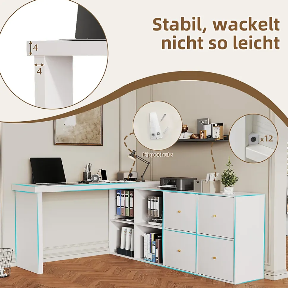 Bureau d'Angle Blanc MDF avec plateau rotatif, 4 tiroirs et 4 compartiments, design flexible, 120x48x78+140x35x74 cm