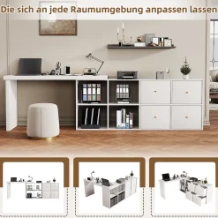 Bureau d'Angle Blanc MDF avec plateau rotatif, 4 tiroirs et 4 compartiments, design flexible, 120x48x78+140x35x74 cm