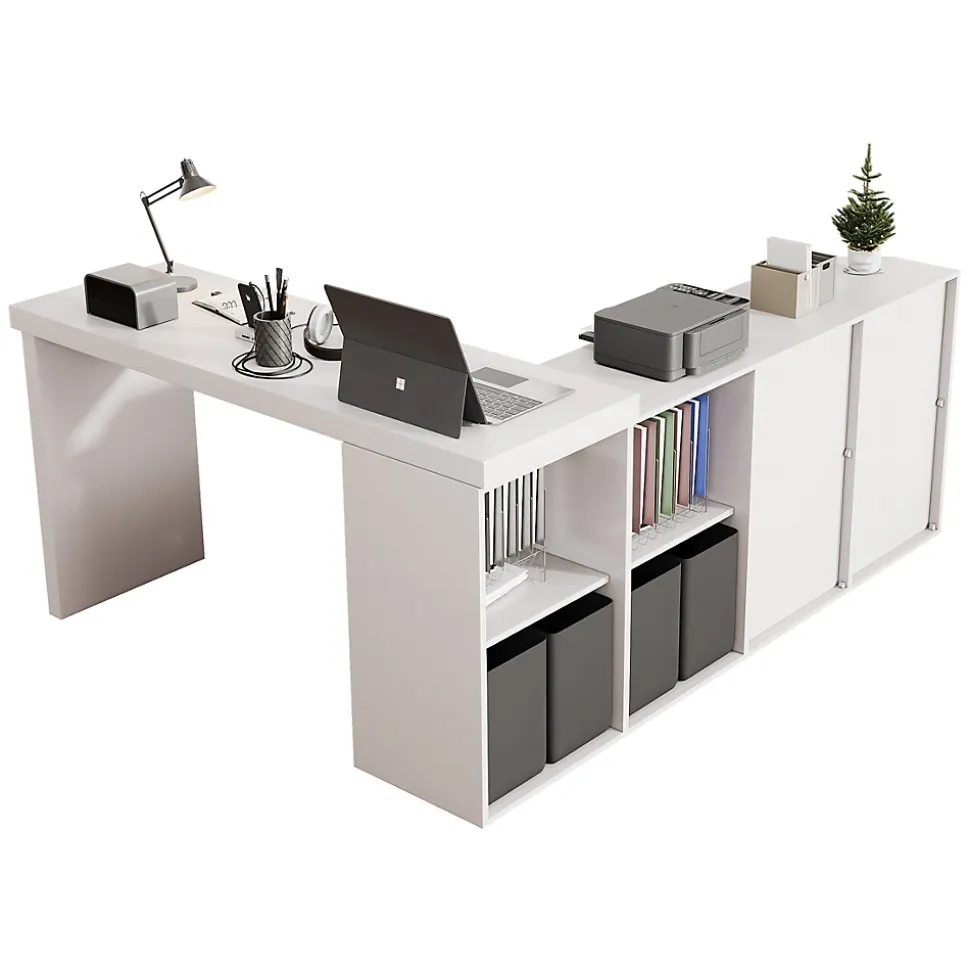 Bureau d'Angle Blanc MDF avec plateau rotatif, 4 tiroirs et 4 compartiments, design flexible, 120x48x78+140x35x74 cm