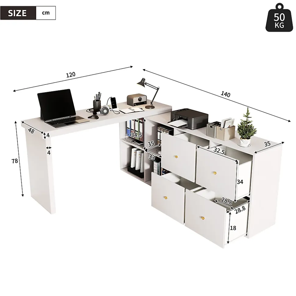 Bureau d'Angle Blanc MDF avec plateau rotatif, 4 tiroirs et 4 compartiments, design flexible, 120x48x78+140x35x74 cm