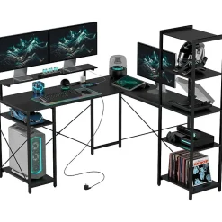 Bureau d'angle, Bureau d'ordinateur avec 6 Étagères et Support Moniteur, USB et Prise - Métal, Noir, 137x140x139,5 cm