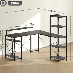 Bureau d'angle, Bureau d'ordinateur avec 6 Étagères et Support Moniteur, USB et Prise - Métal, Noir, 137x140x139,5 cm
