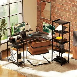 Bureau d'angle, Bureau d'ordinateur avec 6 Étagères et Support Moniteur, USB et Prise - Métal, Noir, 137x140x139,5 cm