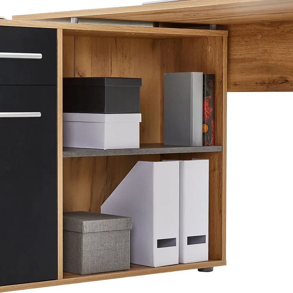 Bureau d'angle CARMEN avec meuble de rangement, décor chêne sauvage et béton foncé