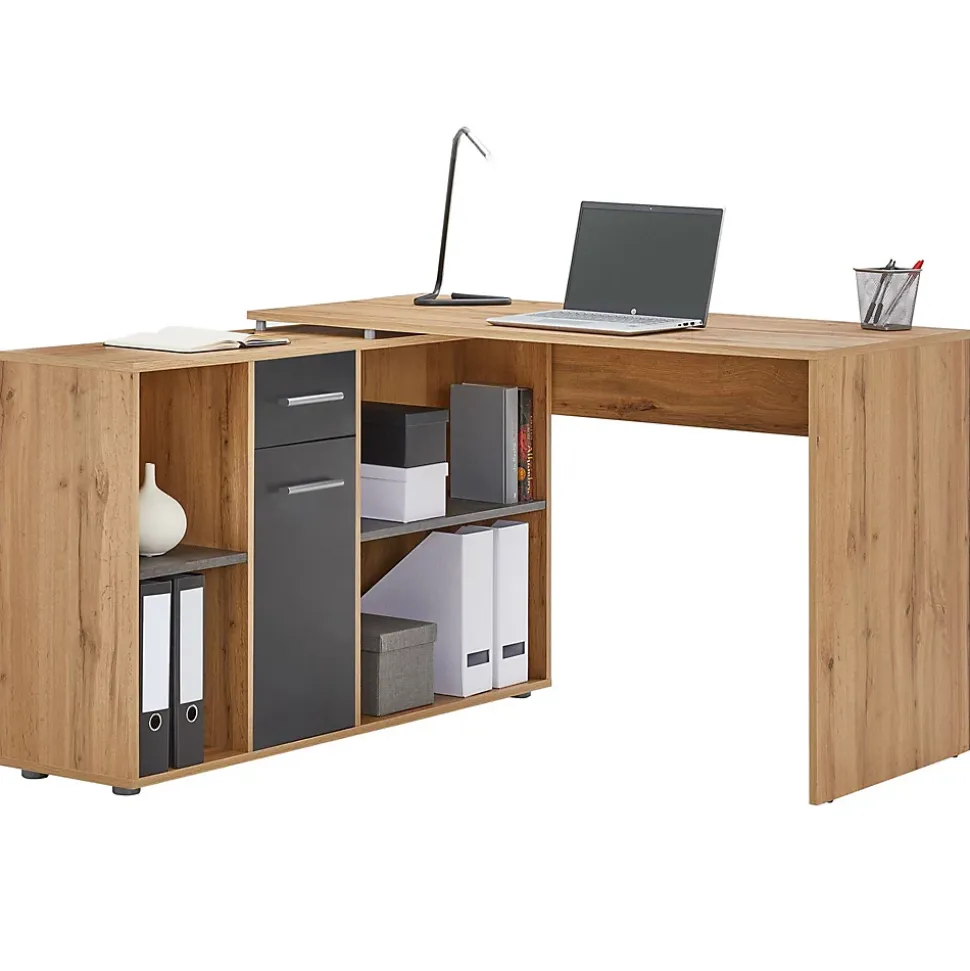 Bureau d'angle CARMEN avec meuble de rangement, décor chêne sauvage et béton foncé