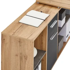 Bureau d'angle CARMEN avec meuble de rangement, décor chêne sauvage et béton foncé