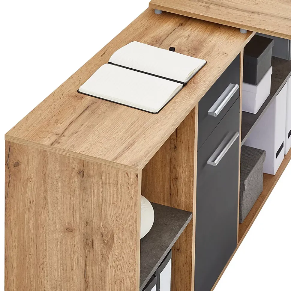 Bureau d'angle CARMEN avec meuble de rangement, décor chêne sauvage et béton foncé
