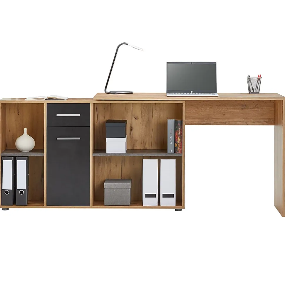Bureau d'angle CARMEN avec meuble de rangement, décor chêne sauvage et béton foncé