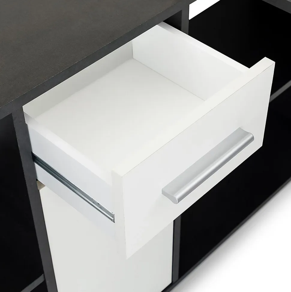 Bureau d'angle CARMEN avec meuble de rangement, décor béton foncé et blanc mat