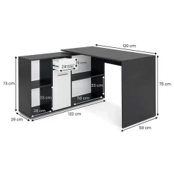 Bureau d'angle CARMEN avec meuble de rangement, décor béton foncé et blanc mat