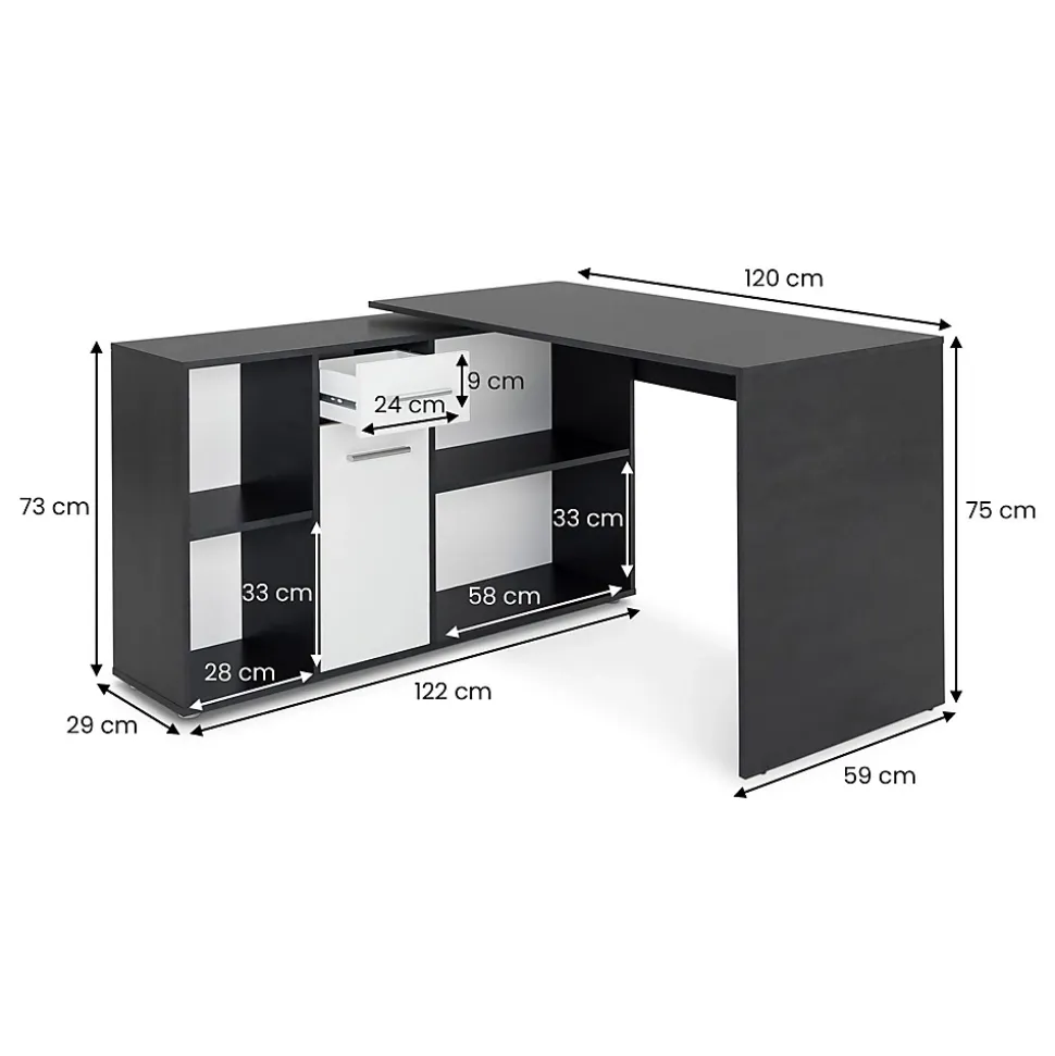 Bureau d'angle CARMEN avec meuble de rangement, décor béton foncé et blanc mat