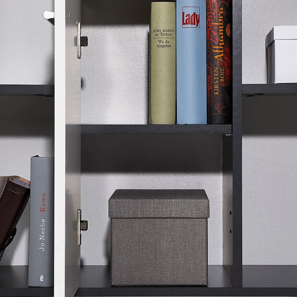 Bureau d'angle CARMEN avec meuble de rangement, décor béton foncé et blanc mat