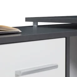 Bureau d'angle CARMEN avec meuble de rangement, décor béton foncé et blanc mat