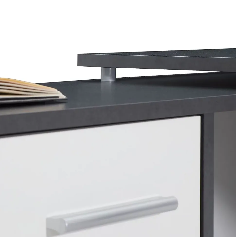Bureau d'angle CARMEN avec meuble de rangement, décor béton foncé et blanc mat