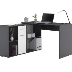 Bureau d'angle CARMEN avec meuble de rangement, décor béton foncé et blanc mat