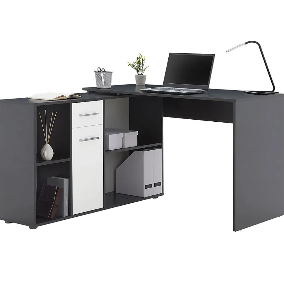 Bureau d'angle CARMEN avec meuble de rangement, décor béton foncé et blanc mat