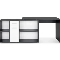 Bureau d'angle CARMEN avec meuble de rangement, décor béton foncé et blanc mat