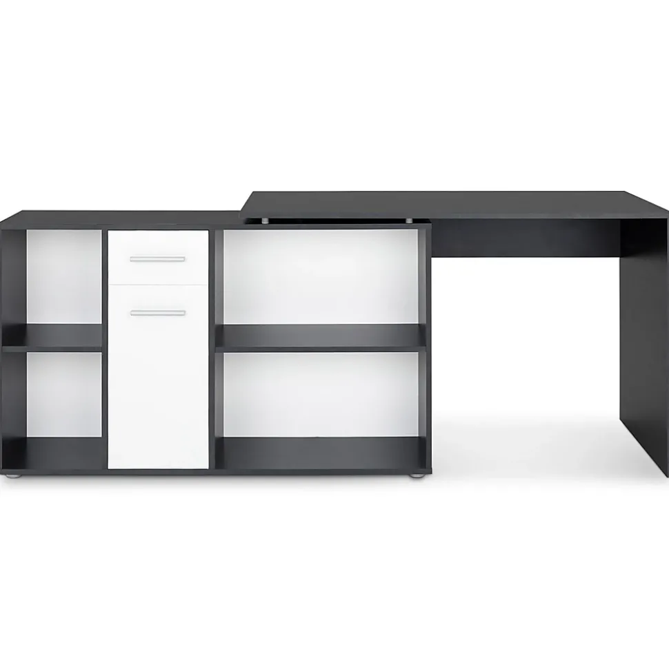 Bureau d'angle CARMEN avec meuble de rangement, décor béton foncé et blanc mat