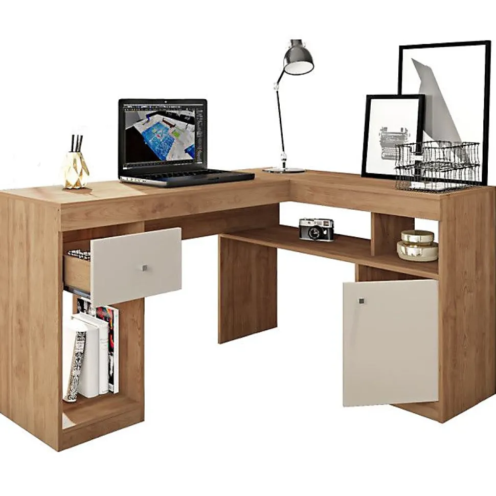Bureau d'Angle Chêne et Blanc Caisson et Rangement L 137.2 H 75.5 P 111.6 cm - L 137.2 x l 111.6 x H 75.5 cm