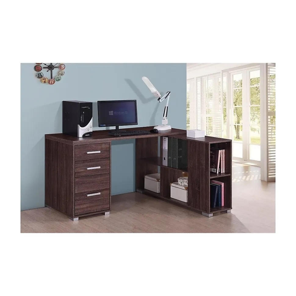 Bureau dangle contemporain IZMIR Coloris noyer et gris 9 espaces de rangement