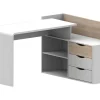 Bureau d'angle DECLAN II - MDF - 3 tiroirs & 2 niches - Coloris : Blanc & Chêne